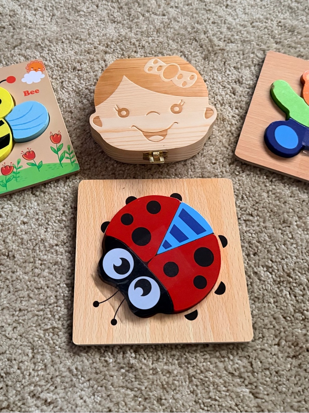 3 Toddler Wooden Puzzle - NWOT Wooden Girls Teeth keepsake Box